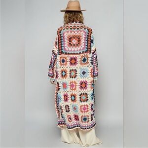 New POL Beige Multicolor Granny Squares Long Crochet Knit Cardigan
